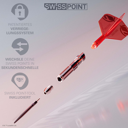 Abgebildet ist das Target Star Wars Darth Vader Light Saber Limited Edition Steeldarts - 24g. Das Produkt besticht durch sein einzigartiges Star Wars Lichtschwert-Design.