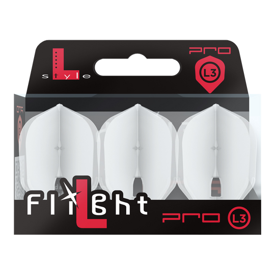 L-Style Flights Champagne - L3PRO Shape Die Abbildung zeigt eine Packung mit drei weißen Dartflights der Marke L-Style. Die Verpackung ist schwarz und transparent und trägt die Aufschrift "Flight Pro L3".