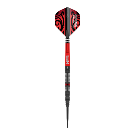Red Dragon Jonny Clayton Hiraeth steel darts Das Bild zeigt einen Red Dragon Jonny Clayton Hiraeth Steeldart. Der Dart ist in Schwarz und Rot gehalten und hat auffällige Muster auf den Flights.