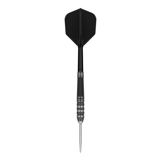 Target Japan Black Marque Armageddon GEN2 Swiss Point Steeldarts Das Bild zeigt einen Target Japan Black Marque Armageddon GEN2 Swiss Point Steeldart. Der Dartpfeil ist schwarz und silber mit einer scharfen Stahlspitze und einem schwarzen Flight.