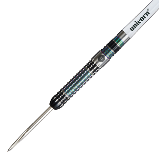 Das Bild zeigt einen Unicorn Iris Steeldart mit einer spitzen Metallspitze und einem geriffelten Griff. Auf dem Schaft steht der Markenname "unicorn".