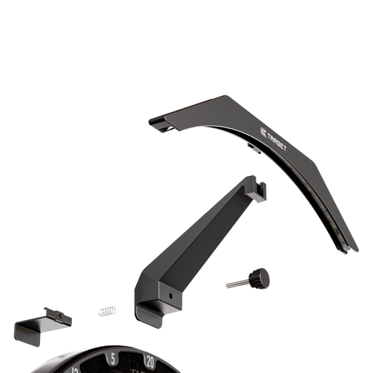 Target ARC V2 Dartboard Lighting Das Bild zeigt die einzelnen Teile des Produkts „Target ARC V2 Dartboard Beleuchtung“. Die Bauteile sind übersichtlich dargestellt und werden später zu einer Beleuchtung für ein Dartboard zusammengesetzt.