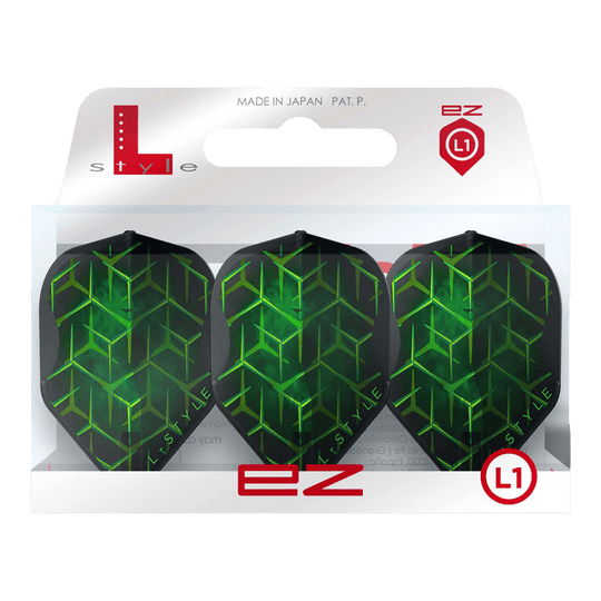 L-Style Lukas Wenig V1 Black L1EZ Flights Zwei L-Style Lukas Wenig V1 Black L1EZ Flights liegen nebeneinander auf weißem Hintergrund. Die Flächen- und Kantengeometrie wird dargestellt.