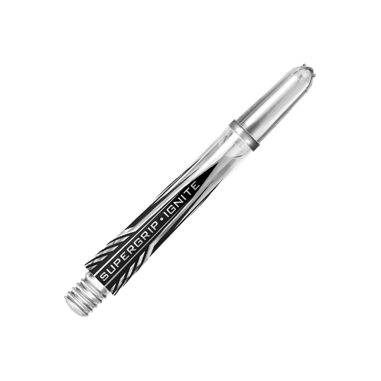 HR393_Harrows_Supergrip_Ignite_Shafts_Clear_40mm_2 Dies ist ein klarer Harrows Supergrip Ignite Shaft. Der Schaft hat ein modernes Design mit schwarz-weißen Akzenten und der Aufschrift "SUPERGRIP IGNITE".