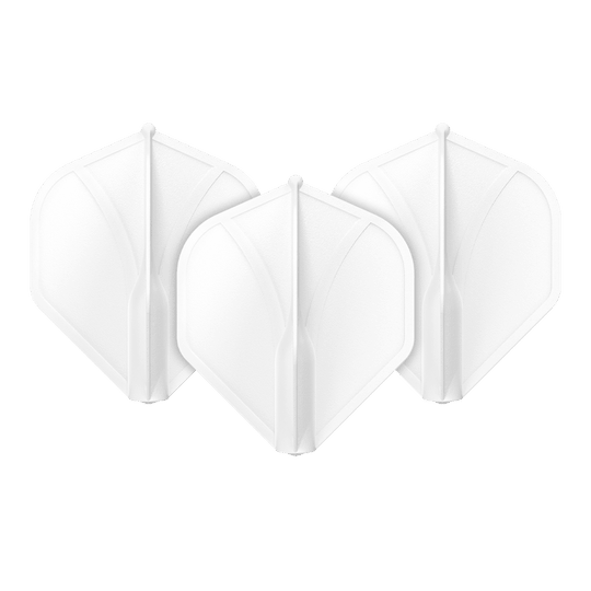 Das Bild zeigt drei weiße Dart-Flights in einer Reihe. Sie haben eine geformte, stabile Struktur und sind identisch.