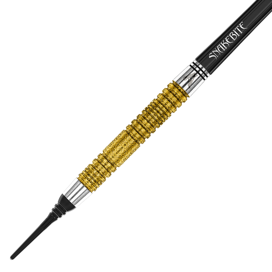 Das Bild zeigt einen goldfarbenen Softdartpfeil mit schwarzer Spitze und dem Schriftzug "Snakebite" auf dem Schaft. Es handelt sich um das Modell "Red Dragon Peter Wright Double World Champion SE Gold Plus Softdarts - 20g".