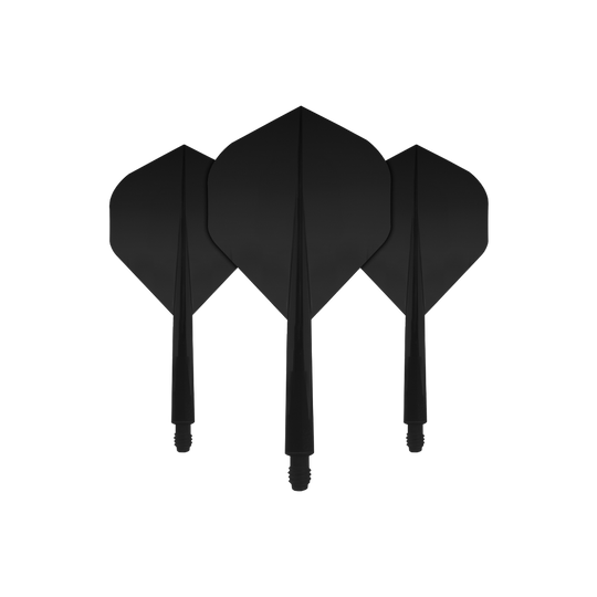 CO-0007_Condor_Axe_Black_Standard_Flights_Short_1 Das Bild zeigt drei schwarze Dartflights mit integriertem Schaft. Es handelt sich um das Produkt "Condor Axe Black Flight-System Standard".
