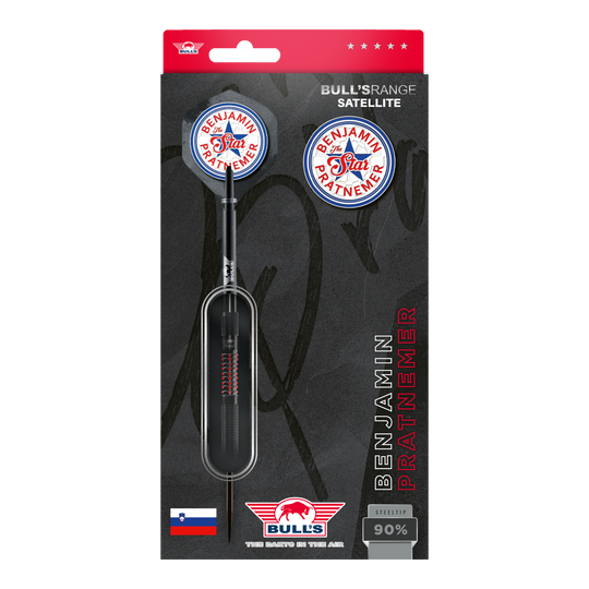 Bulls NL Benjamin Pratnemer steel darts - 20g Das Bild zeigt die Verpackung der "Bulls NL Benjamin Pratnemer Steeldarts - 20g". Auf der Verpackung sind ein Dartpfeil, Ersatzflights und der Name Benjamin Pratnemer abgebildet.