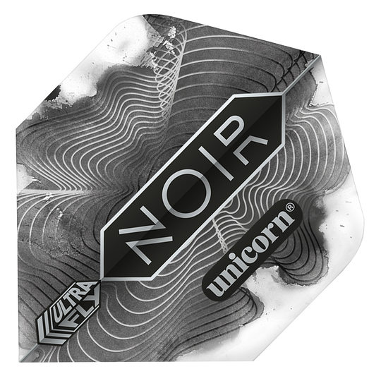 69004_p1 Das Bild zeigt ein Dartflight mit dem Namen "Unicorn Ultrafly 100 Plus Noir Organic Flights". Das Design ist schwarz-weiß mit wellenförmigen Linien und den Aufschriften "NOIR", "unicorn" und "ULTRAFLY".