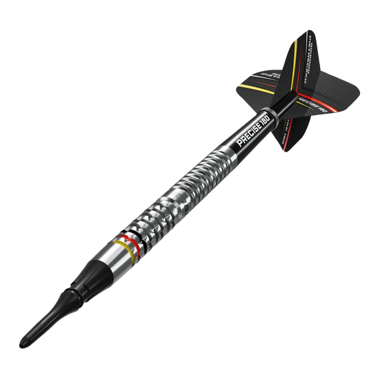 Das Bild zeigt die Precise 180 Ricardo Pietreczko GEN1 Softdarts. Diese Darts sind speziell für Softdart-Liebhaber entwickelt.