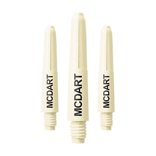 MD-604_Nylon_Shafts_mit_Wunschdruck_Naturweiss_28mm_1 Auf dem Bild sind drei naturweiße Dartschäfte aus Nylon zu sehen. Auf jedem Schaft steht der Schriftzug "MCDART".