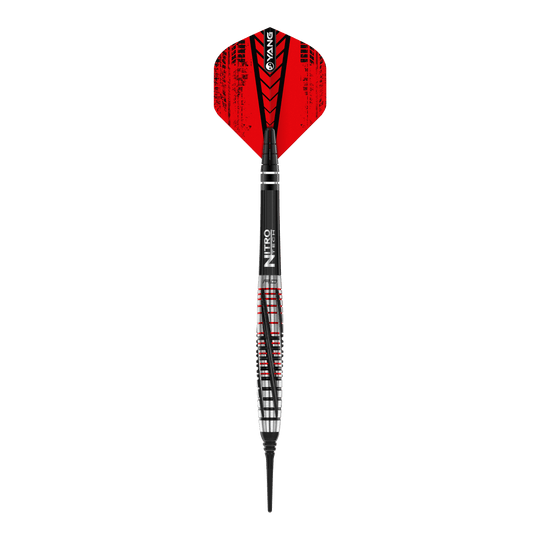 Red Dragon Rifle Soft Darts - 20g Das Bild zeigt einen Red Dragon Rifle Softdart mit einem Gewicht von 20 Gramm. Der Dartpfeil hat rote Flights und ein schwarz-silbernes Barrel mit roten Akzenten.