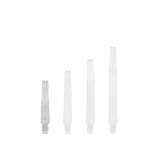 Das Bild zeigt vier durchsichtige, gerade Dartschäfte in unterschiedlichen Längen. Sie sind ohne Kappen nebeneinander angeordnet.