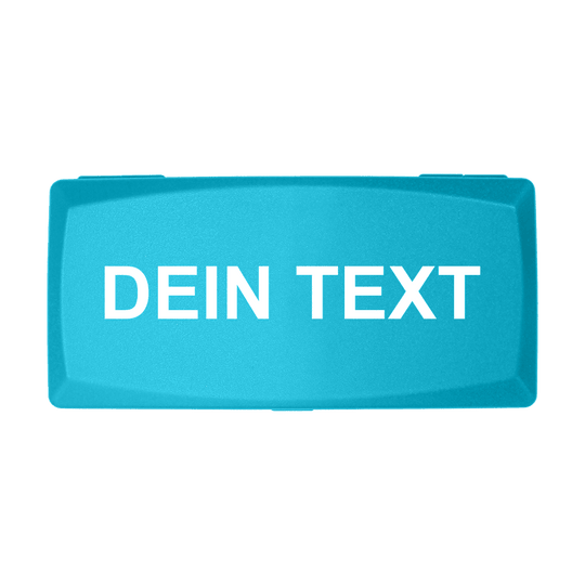 Die Abbildung zeigt eine himmelblaue Box mit der Aufschrift "DEIN TEXT" in weißer Schrift. Die Box hat eine rechteckige Form und einen schlichten, modernen Look.