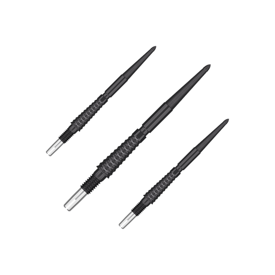 Target Swiss Storm LNC dart tips - Black Das Bild zeigt drei schwarze Dartspitzen mit silbernen Enden. Sie sind in unterschiedlichen Ausrichtungen auf einem transparenten Hintergrund zu sehen.