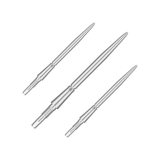 Target Swiss Storm Point dart tips - silver Das Bild zeigt drei silberne Dartspitzen. Sie sind nebeneinander auf weißem Hintergrund angeordnet.