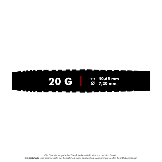 Das Bild zeigt die Maße und das Gewicht der Red Dragon Luke Humphries TX3 Gold SE Softdarts. Der Dart wiegt 20 Gramm, ist 40,65 mm lang und hat einen Durchmesser von 7,20 mm.