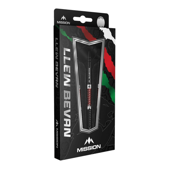 Mission Llew Bevan Black Red Electro Steeldarts - 23g. Elegante Steeldarts in Schwarz und Rot, ideal für Dartspieler.