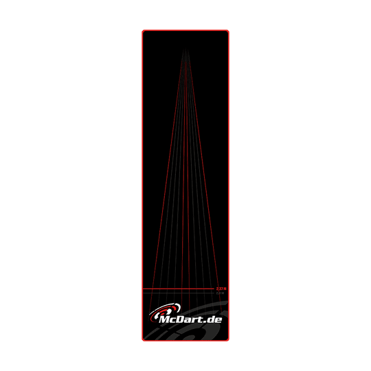 McDart Lines Dartteppich Das Bild zeigt einen schwarzen Dartteppich mit roten Linien und dem Logo „McDart.de“ am unteren Rand. Auf dem Teppich ist außerdem die Abwurflinie bei 2,37 m markiert.