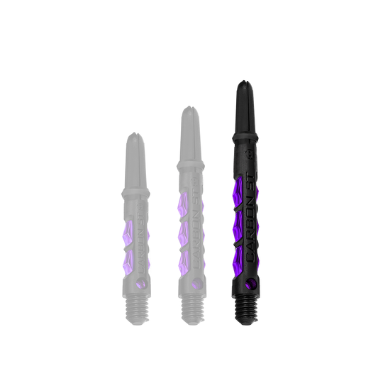 HR427_Harrows_Carbon_ST_Shafts_Lila_47mm_1fKZm06IDEpla7 Das Bild zeigt drei Dartschäfte des Modells "Harrows Carbon ST Shafts - Lila" in verschiedenen Längen. Die Schäfte sind schwarz mit auffälligen lila Akzenten gestaltet.