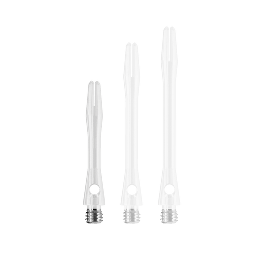 Das Bild zeigt drei weiße Harrows Keramic Shafts in unterschiedlichen Längen. Sie haben jeweils ein silbernes Gewinde am unteren Ende.