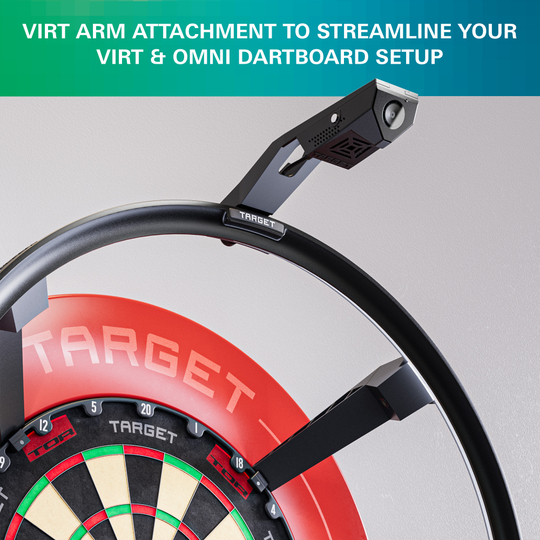 Auf dem Foto ist der Target OMNI VIRT Kamera Arm zu sehen. Der Artikel ermöglicht eine optimale Kameraposition am Dartboard.