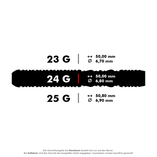 Shot Roman Empire Juno steel darts Das Bild zeigt drei verschiedene Varianten von Steeldarts mit den Gewichten 23 g, 24 g und 25 g sowie deren jeweilige Maße. Die genauen Längen und Durchmesser der Darts sind für jede Gewichtsklasse angegeben.