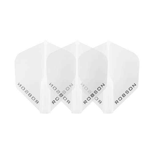 Robson Plus Flights - Standard Das Bild zeigt drei klare Dart-Flights der Marke Robson. Die Flights sind nebeneinander angeordnet und tragen den Schriftzug "ROBSON".