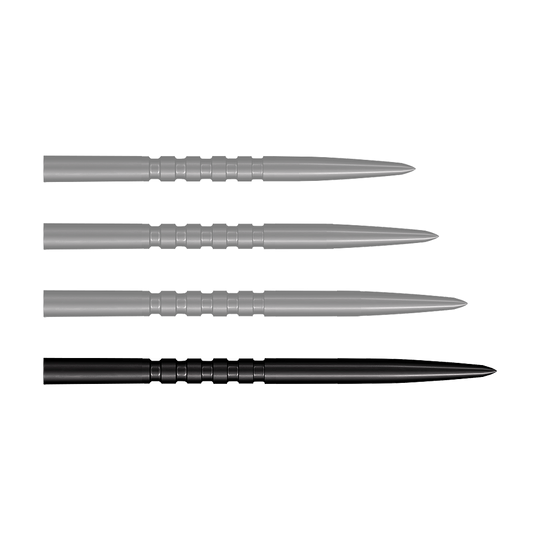 Ein Bild zeigt ein Produkt mit dem Namen SM3823_Shot_Grip_Point_Steeldartspitzen_Schwarz_45mm_1. Das Produkt ist wahrscheinlich eine Dartspitze in schwarzer Farbe.