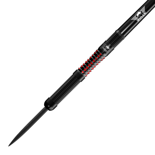 Bulls NL Benjamin Pratnemer steel darts - 20g Auf dem Bild ist der Bulls NL Benjamin Pratnemer Steeldart mit 20g Gewicht zu sehen. Der Dart hat ein schwarzes Design mit roten Akzenten und feinen Rillen für besseren Halt.