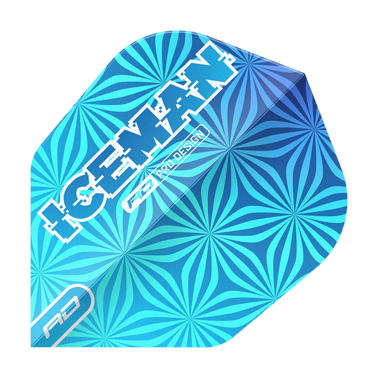 Red Dragon Gerwyn Price Iceman Blue No6 Flights Das Bild zeigt einen blauen Dart-Flight mit einem auffälligen geometrischen Muster. Auf dem Flight steht in weißen Buchstaben das Wort „ICEMAN“ sowie „RD PRO DESIGN“.