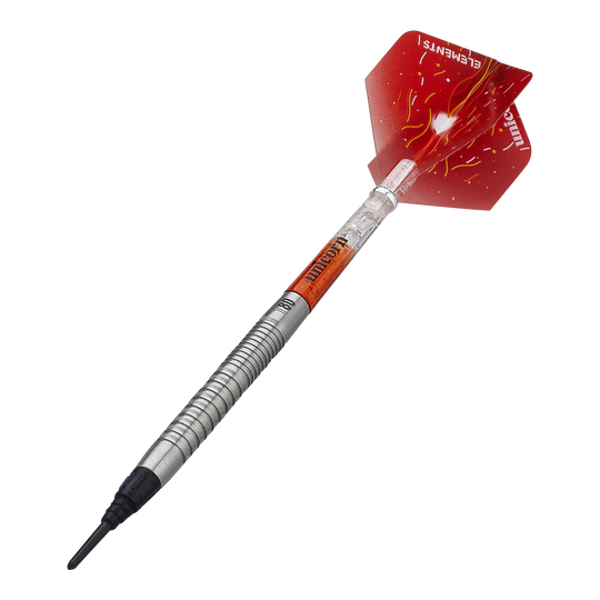 Das Bild zeigt einen Unicorn Core XL Striker Style 1 Softdart mit 19g Gewicht. Der Dart hat eine silberne, geriffelte Spitze und rote Flights mit einem auffälligen Design.