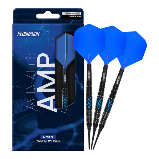 Gezeigt wird ein vollständiger Satz Red Dragon Amp Torpedo Softdarts mit 22g. Das Set eignet sich für das Softdartspiel.