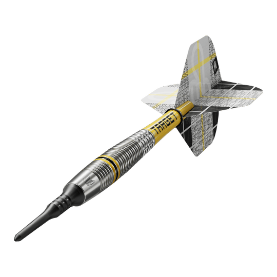 Target Scott Williams GEN2 soft darts - 18g Das Bild zeigt einen Target Scott Williams GEN2 Softdart mit einem Gewicht von 18 Gramm. Der Dart hat ein silbernes Barrel mit gelben Akzenten und einen schwarz-gelben Flight.