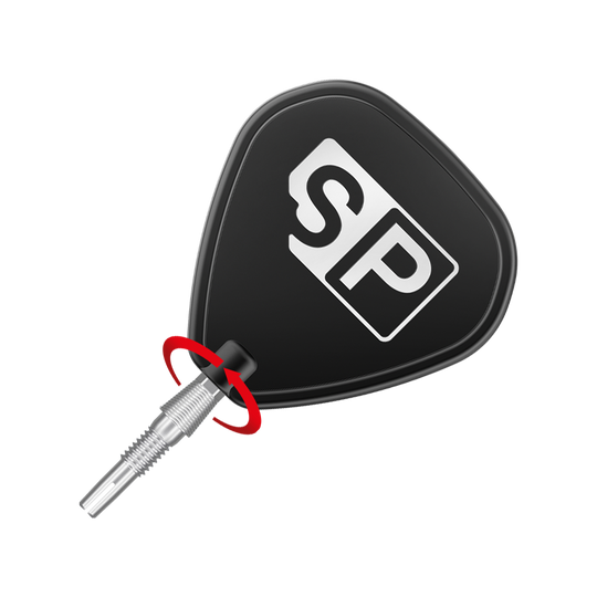 340080_Target_Swiss_Storm_Nano_Point_Dartspitzen_Silber_3_SP Das Bild zeigt eine silberne Dartspitze mit einem schwarzen Flight, auf dem die Buchstaben „SP“ zu sehen sind. Ein roter Pfeil markiert die Stelle, an der die Spitze mit dem Flight verbunden ist.