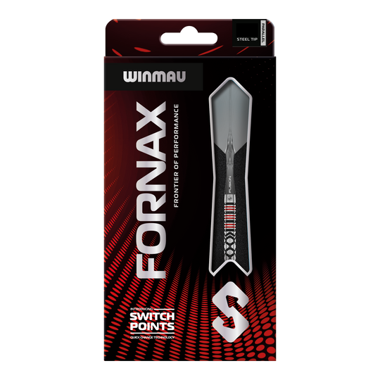 Winmau Fornax Parallel Switch Point Steeldarts werden auf diesem Bild gezeigt. Es handelt sich um hochwertige Steeldarts für Präzision und Kontrolle.