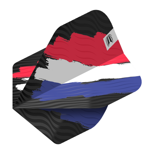 TG12_335770_Target_ProUltra_Flag_Holland_No2_Standard_Flights_2 Das Bild zeigt das Produkt „Target ProUltra Flag Holland No2 Standard Flights“. Die Dart-Flights sind in den Farben der niederländischen Flagge gestaltet: Rot, Weiß und Blau.