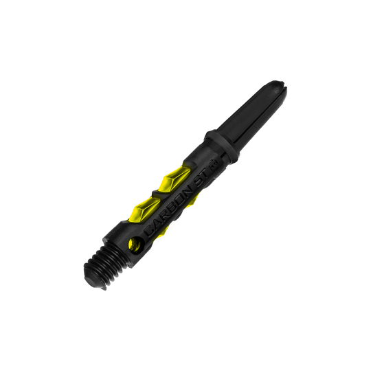 HR419_Harrows_Carbon_ST_Shafts_Gelb_33mm_2 Das Bild zeigt einen Harrows Carbon ST Schaft in Gelb. Der Schaft ist hauptsächlich schwarz mit gelben Akzenten und der Aufschrift "CARBON ST".