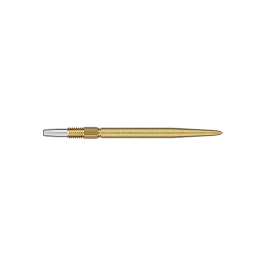 Target Swiss Point SLK dart tips - gold Das Bild zeigt eine goldene Dartspitze mit einem silbernen Anschlussstück. Die Spitze ist schlank und etwa 30 mm lang.