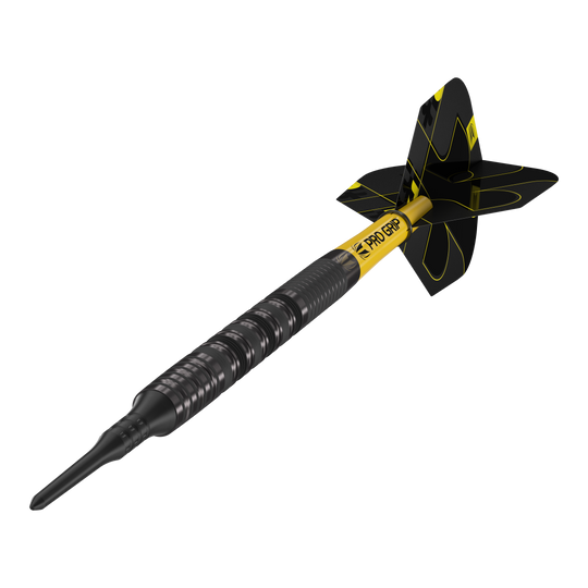 Target Bolide Void 10 soft darts Das Bild zeigt einen Target Bolide Void 10 Softdart. Der Softdart ist schwarz mit gelben Akzenten und hat eine strukturierte Griffzone.