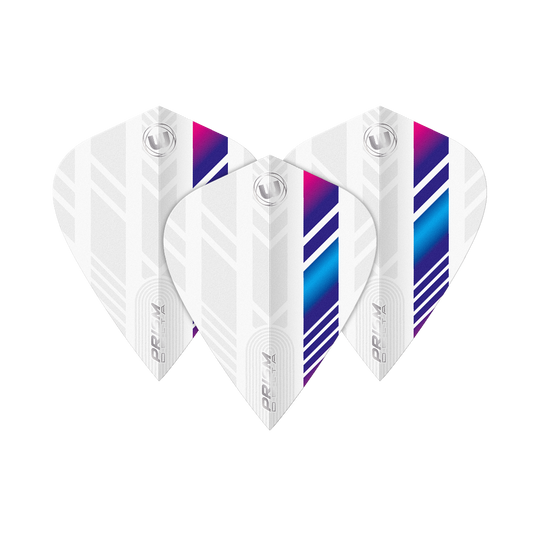 Das Bild zeigt drei Winmau Delta White Blue Purple Kite Flights. Die Flights sind überwiegend weiß mit blauen, lila und pinken Streifen.