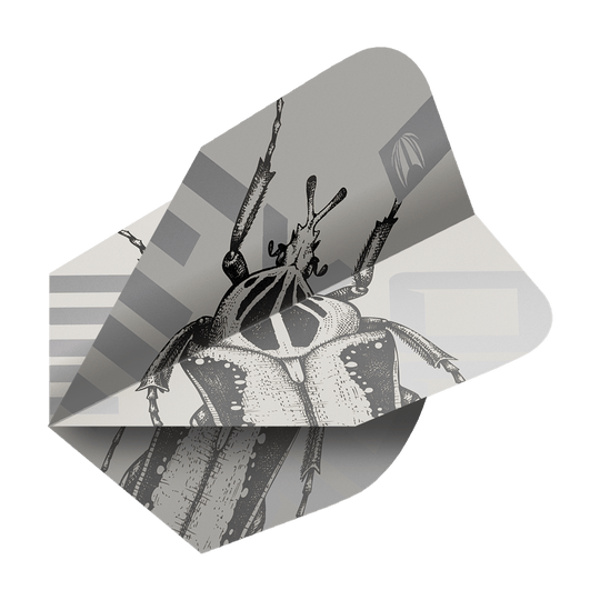 Target Pro Ultra Exo 2.0 Ten-X Flights - 3 sets Dieses Bild zeigt ein Dartflight-Set mit dem Namen "Target Pro Ultra Exo 2.0 Ten-X Flights - 3 Sets". Das Flight-Design ist in Schwarz-Weiß gehalten und zeigt eine detaillierte Zeichnung eines Käfers.