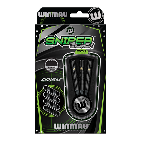 Winmau Sniper Black soft darts - 20g Die Abbildung zeigt die Winmau Sniper Black Softdarts mit einem Gewicht von 20g. Die Verpackung enthält drei schwarze Softdarts aus 90% Tungsten.