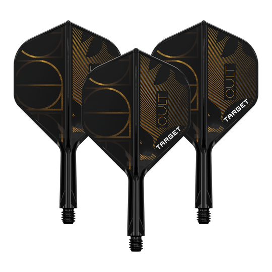 Das Bild zeigt ein Produkt namens '410169 Target K-Flex Cult No2 Standard Flights 19mm 1Set'. Es handelt sich wahrscheinlich um einen Satz Dart-Flights.