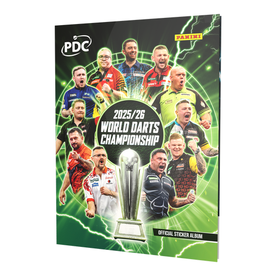 Panini PDC World Darts Championship 2025/26 - Official Sticker Hardcover Collector's Album Abgebildet ist das Panini PDC World Darts Championship 2025/26 - Official Sticker Hardcover Sammelalbum. Dieses Sammelalbum bietet Platz für Sticker zur Darts-Weltmeisterschaft.