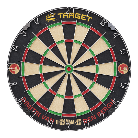Target Dimitri Van Den Bergh steel dartboard set Das Bild zeigt eine Steeldartscheibe mit dem Namen "Target Dimitri Van Den Bergh Steeldartboard Set". Am unteren Rand steht der Schriftzug "Dimitri Van Den Bergh" und in der Mitte unten "Dreammaker".