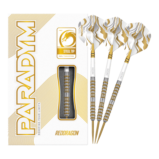Red Dragon Paradym Gold Parallel Steeldarts Abgebildet sind die Red Dragon Paradym Gold Parallel Steeldarts in voller Länge. Diese Steeldarts zeichnen sich durch ein geradliniges und glänzendes Design aus.