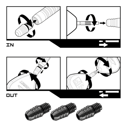 Das Bild zeigt die Montage- und Demontageanleitung für den Target Swiss Point 2BA Converter - Schwarz. Unten im Bild sind drei der schwarzen Converter abgebildet.