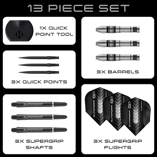 Harrows Supergrip Bomb Quick Point Steel Darts Hier sind die Harrows Supergrip Bomb Quick Point Steeldarts zu sehen. Die Darts eignen sich hervorragend für präzises Spiel.