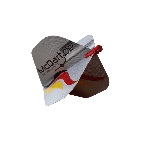608_Alu_Flightschoner_Rot_2 Das Bild zeigt einen Alu Flightschoner, der an den Flights eines Dartpfeils befestigt ist. Der Flightschoner ist aus Metall und schützt die Flights vor Beschädigungen.